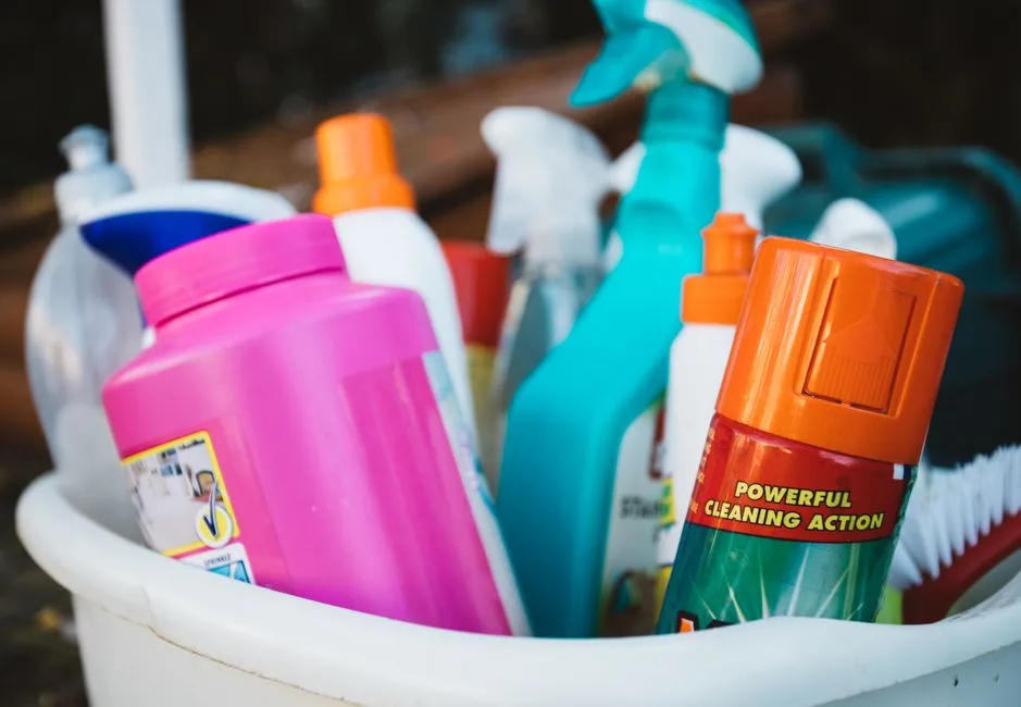 Enzyme cleaner and cleaning supplies arranged for pet odor treatment