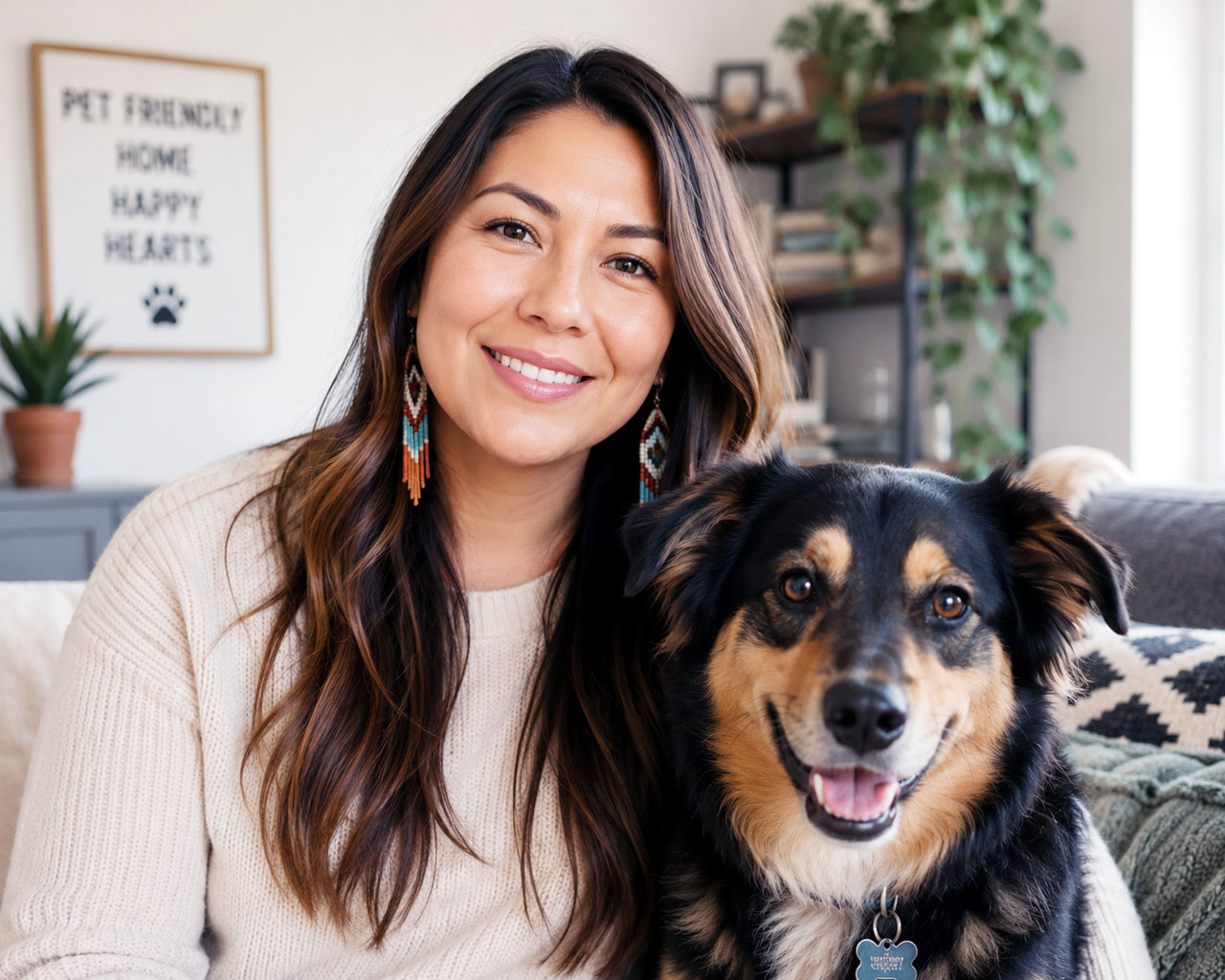 Sarah Mitchell with her dog in a pet-friendly rental home